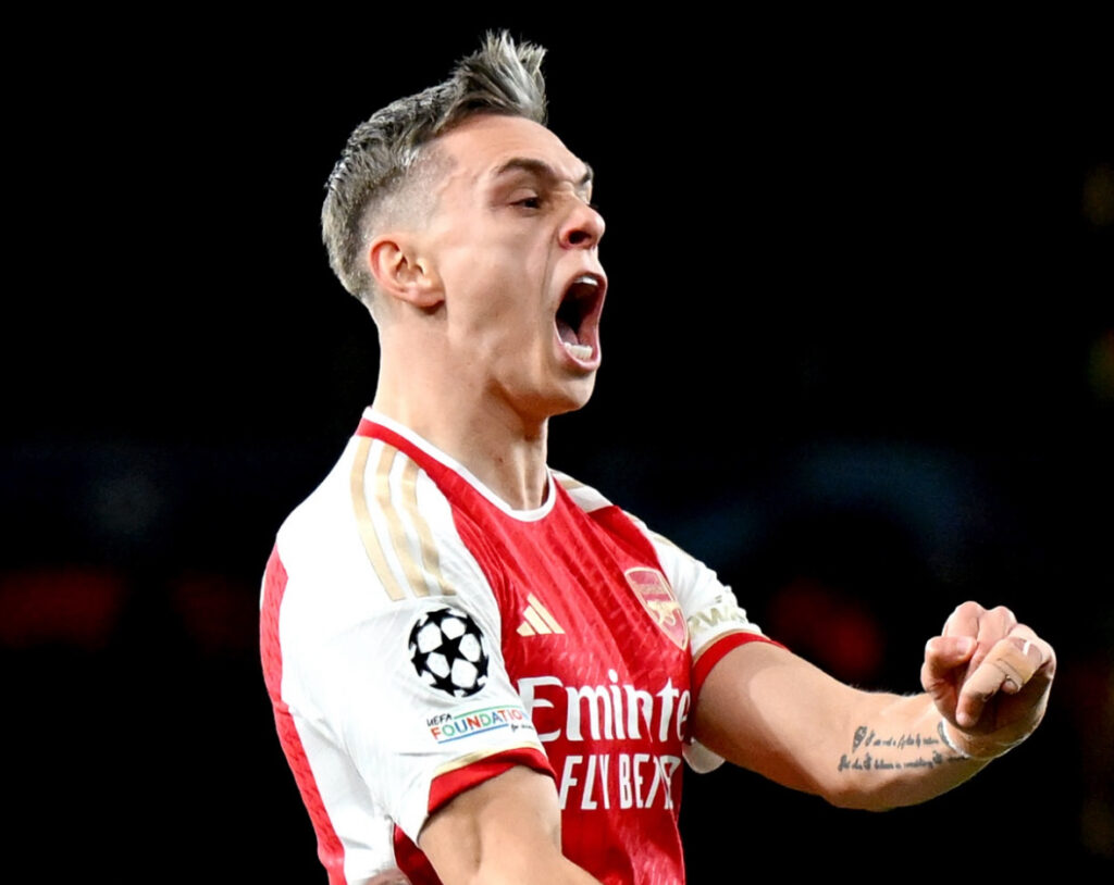 Leandro Trossard celebrates his equaliser against Bayern Munich. 